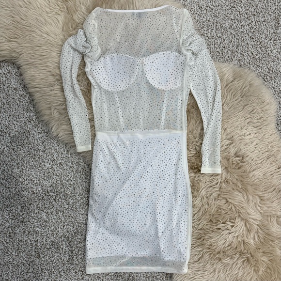 White Mesh Rhinestone Mini Dress - Picture 5 of 5